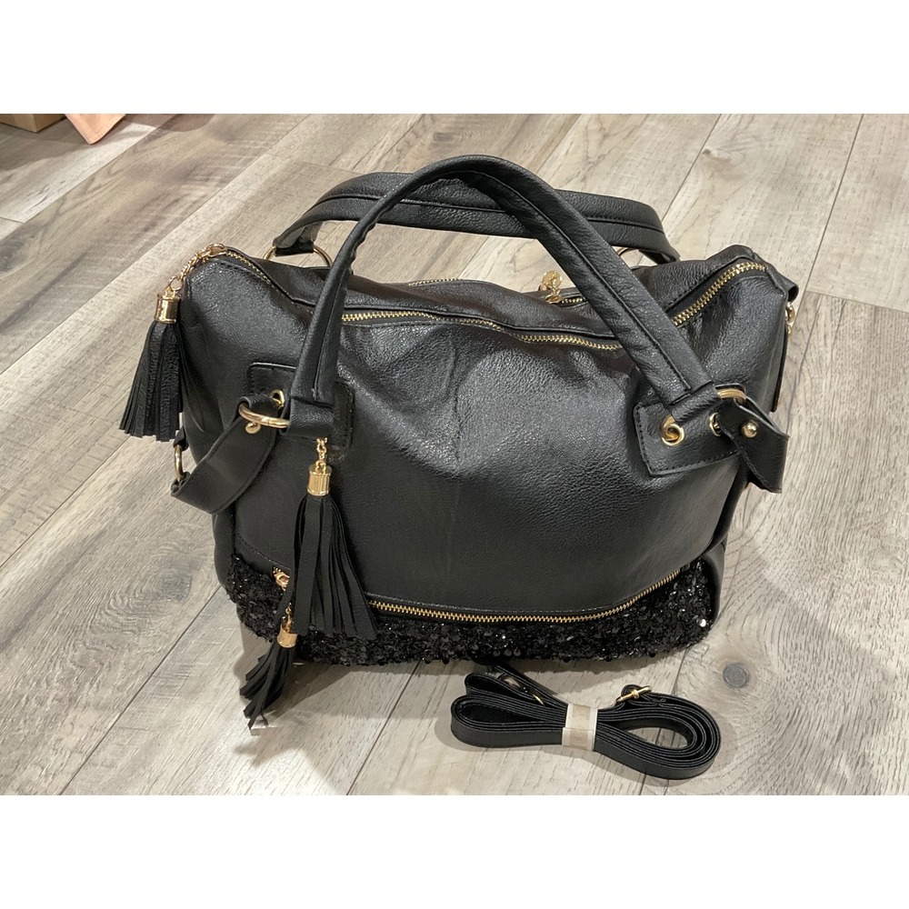 Coofit Black Sequin Vegan Leather Satchel Crossbody Bag Tassel Gold Hardware